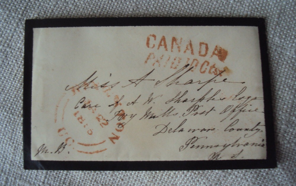 Stampless Cover Canada to US Small Mourning Envelope