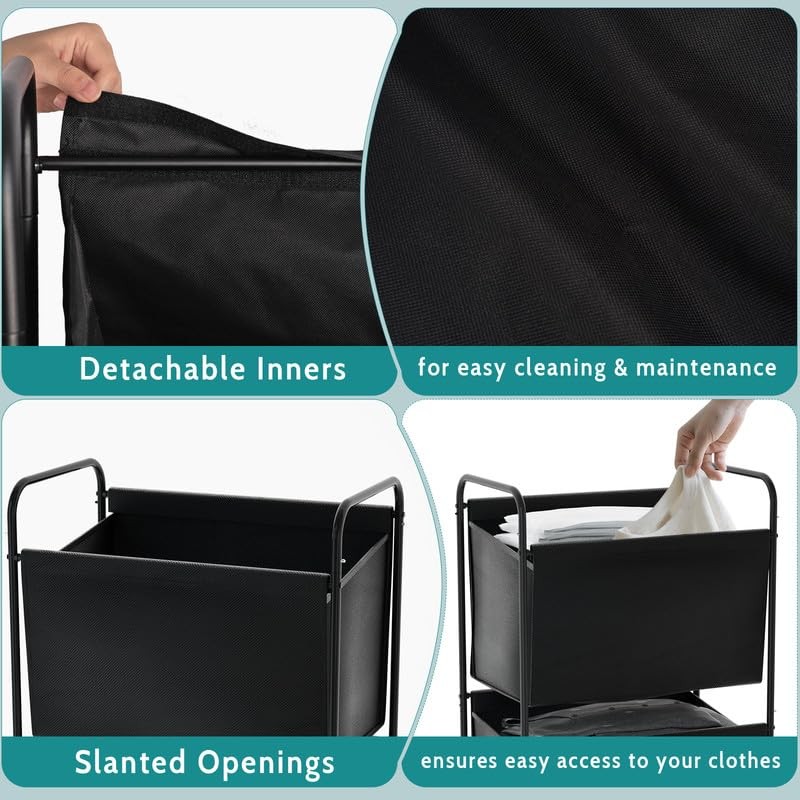 125L Vertical Laundry Hamper with Wheels, 3 Section Large Rolling Laundry Sor...