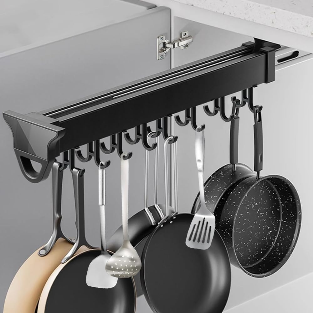 Pull Out Pot Rack, 22" Pull Out Pots and Pans Organizer with 16 Hook, Aluminu...