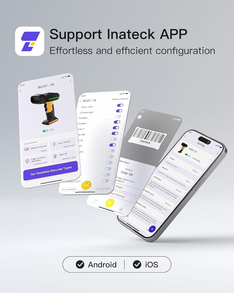 Inateck 1D 2D Industrial Barcode Scanner Bluetooth Wireless IP67 QR Code BCST-75