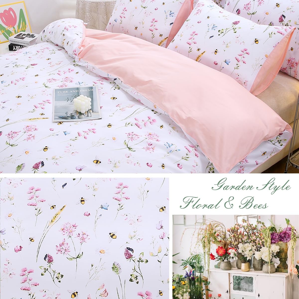 Pink Floral Duvet Cover Set Queen Size 100% Cotton 3 Piece Romantic Garden Fl...