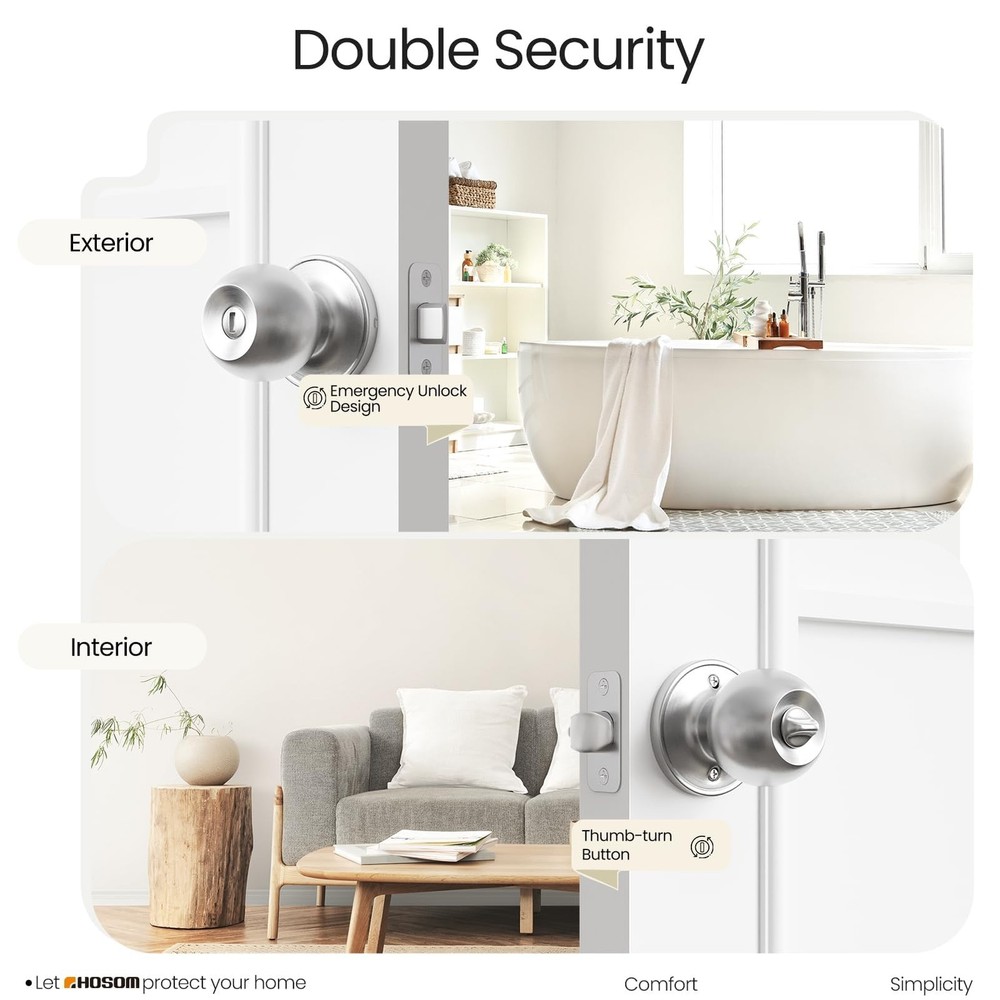 HOSOM Privacy Door Knob with Lock, Interior Knobs 1 Pack, Satin Nickel