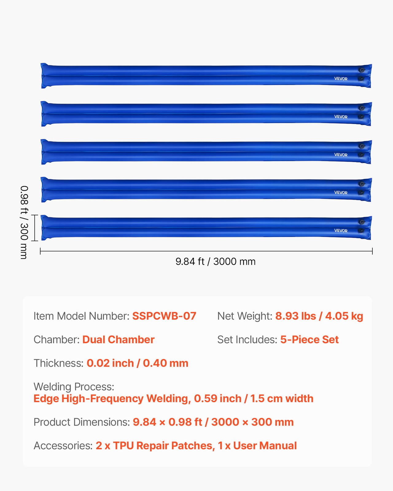 VEVOR 26 Gauge Double Chamber Water Bags Tubes Winter Pool Cover 5 Packs 10 ft