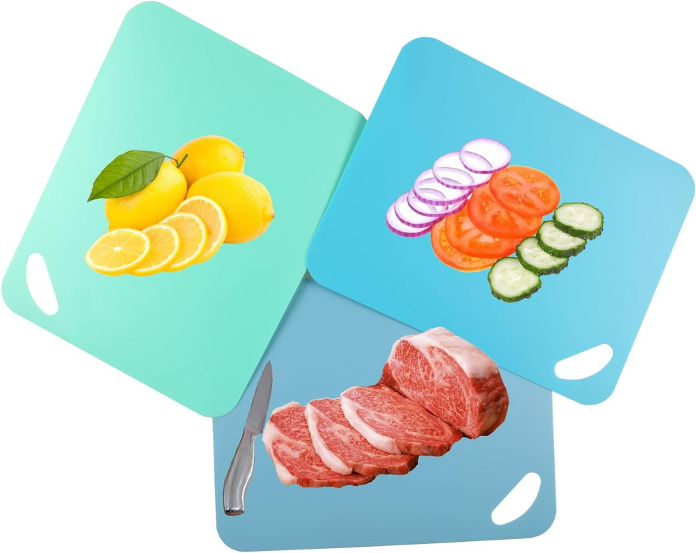 Plastic Flexible Cutting Mats for Kitchen 3Pcs Color Coded Chopping Board Set