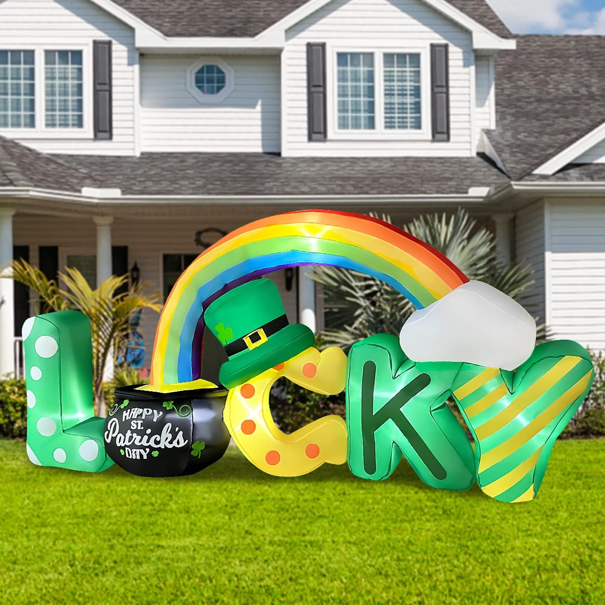 6.5 Ft Long St Patricks Day Inflatables Lucky Letters with Gold Pot and Rainb...