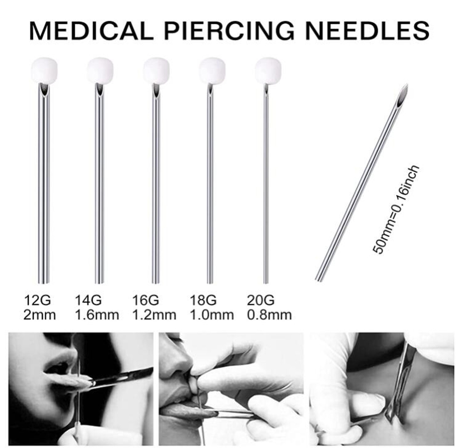 10,30,50 Sterile Body Piercing Needles 10,12,13,14,15,16,18,20G Navel Ear Nose