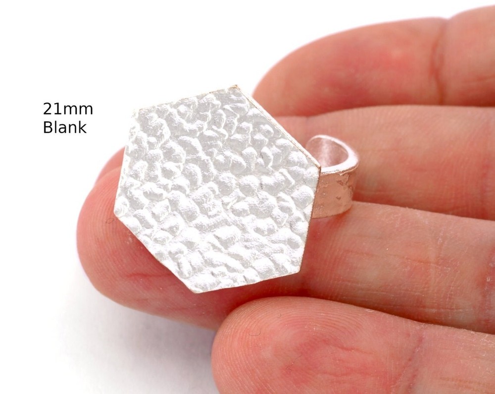 Hexagonal Hammered Adjustable Ring Blank - Shiny Silver Plated Brass 4946