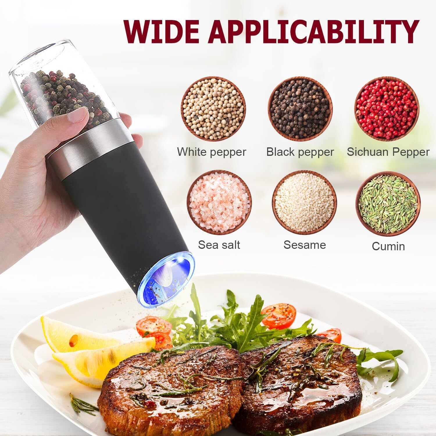2 Pack Gravity Electric Salt and Pepper Grinder Mill Shaker Adjustable Automatic