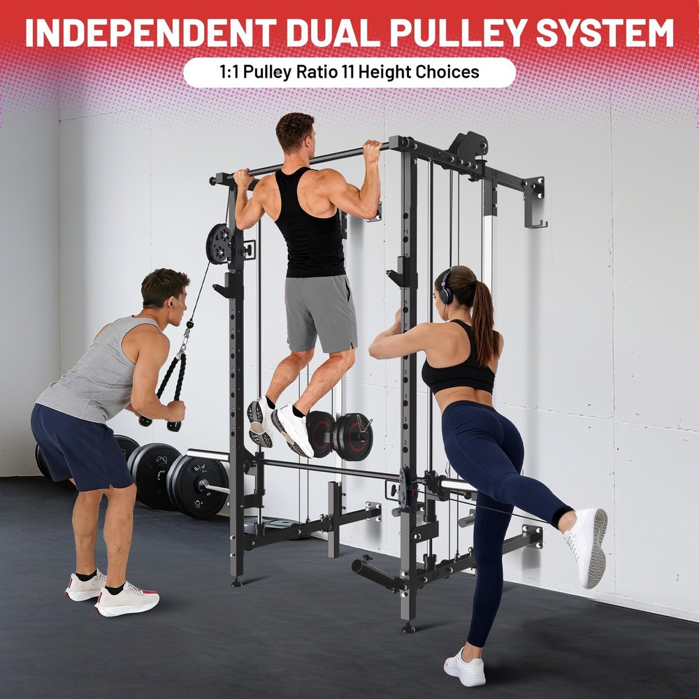 Wall Mount Smith Machine Squat Rack Power Rack with Dual Pulley System Workout