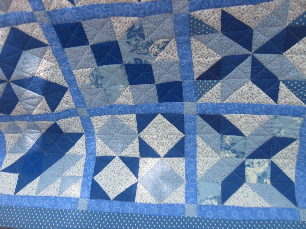 Handcrafted True Blues Sampler Quilt, 62" Square, Lap, Bed Cover