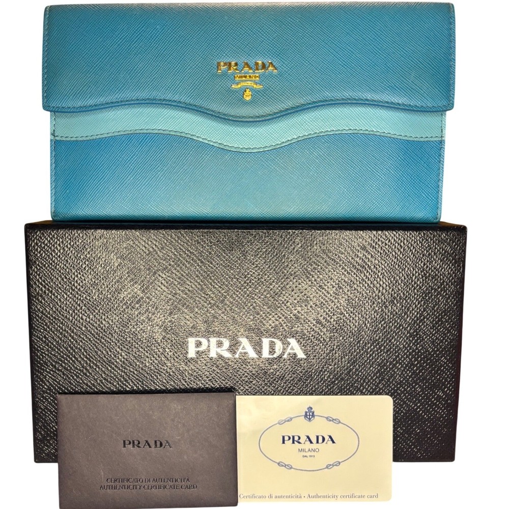 Authentic Prada Saffiano Wave Blue Leather Long Flap Wallet Celeste Voya