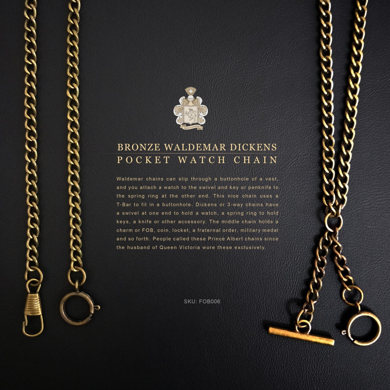 Brass Waldemar Double Albert Pocket Watch Chain, Swivel, Drop FOB006 (See NOTE)