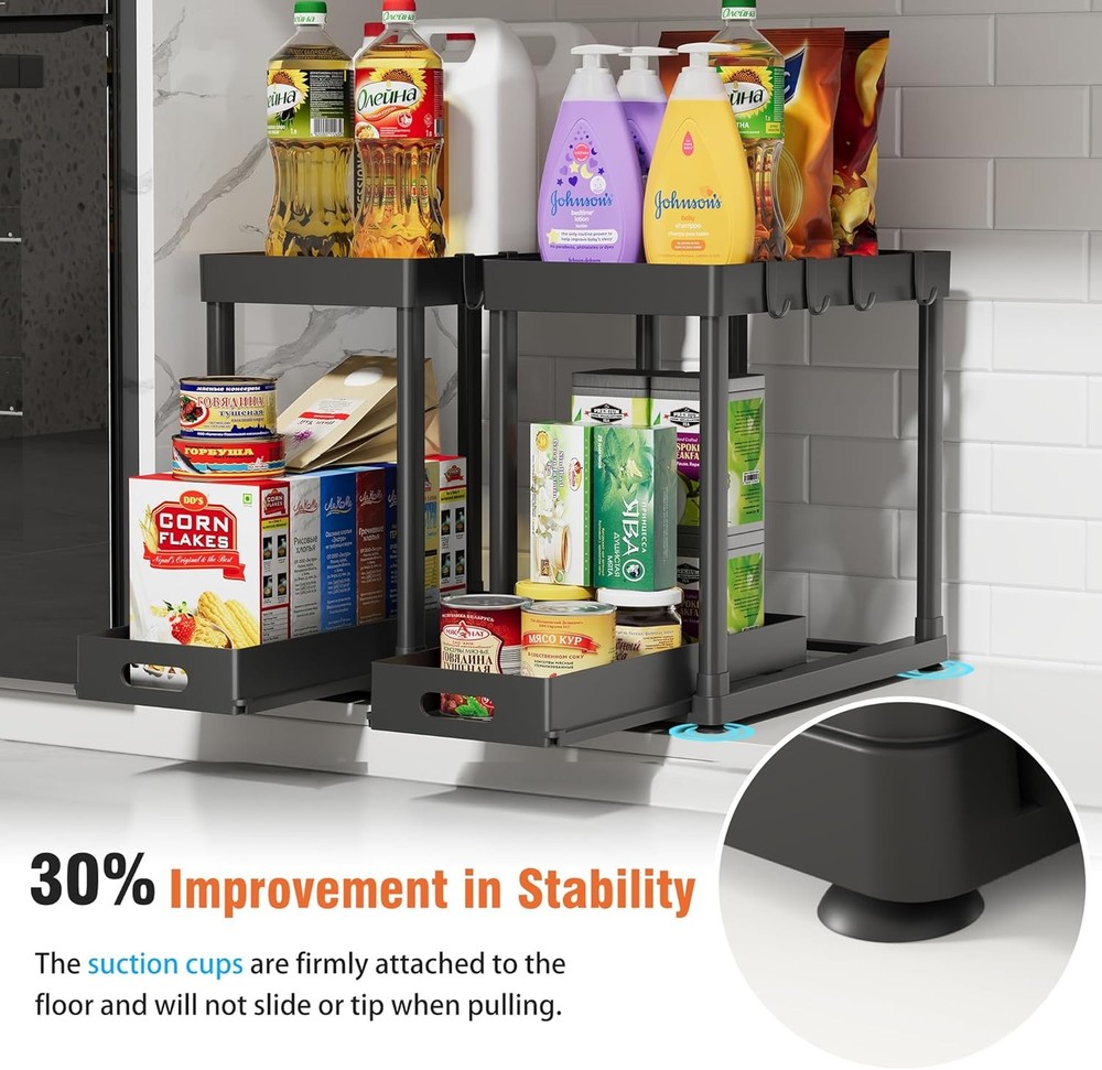 Pull Out Under Sink Organizer 2 Pack Sliding Cabinet Storage Rack Black