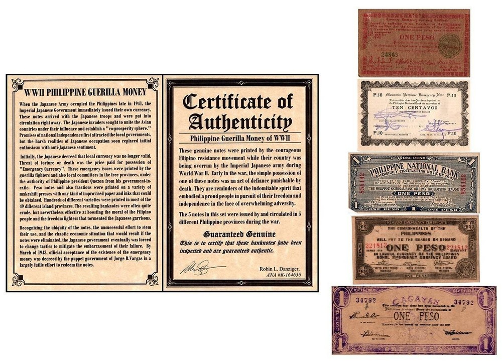 Philippines Guerilla 10 Centavos - 1 Peso 5 Pieces Set, 1941-1943,