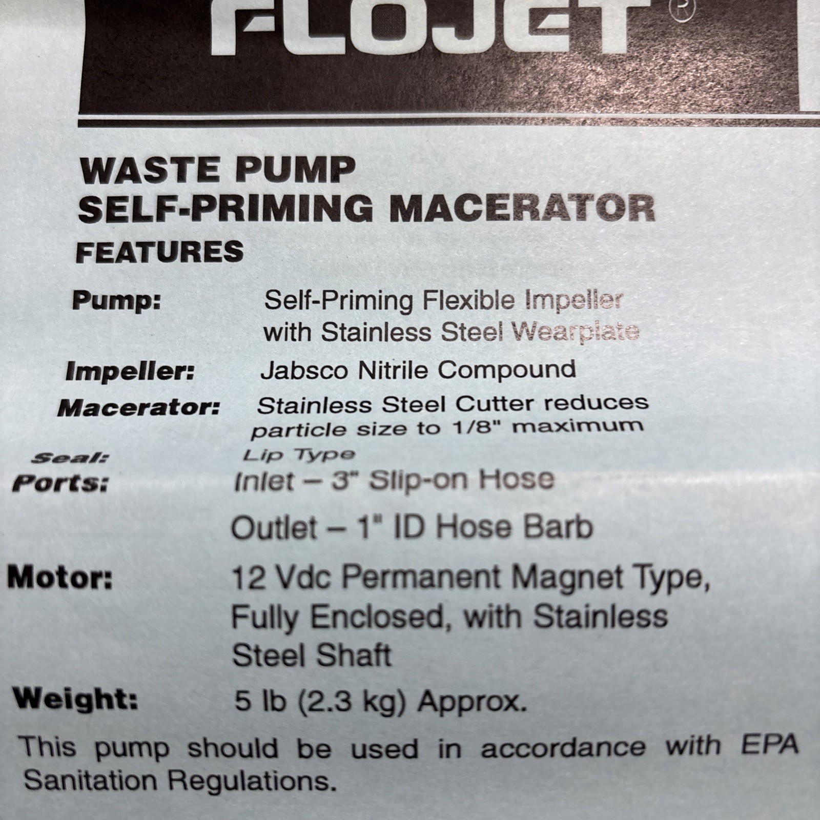 Flojet Xylem RV Waste Pump 12V #18550700C Self Priming NEW In BOX