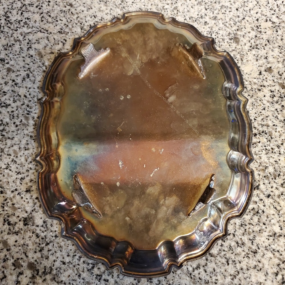 Vintage Ornate Silverplate Serving Tea Tray Footed Scalloped Oval 14" Silver