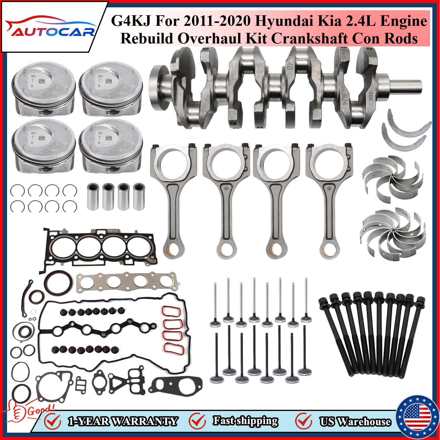 G4KJ For 11-20 Hyundai Kia 2.4L Engine Rebuild Overhaul Kit Crankshaft Con Rods