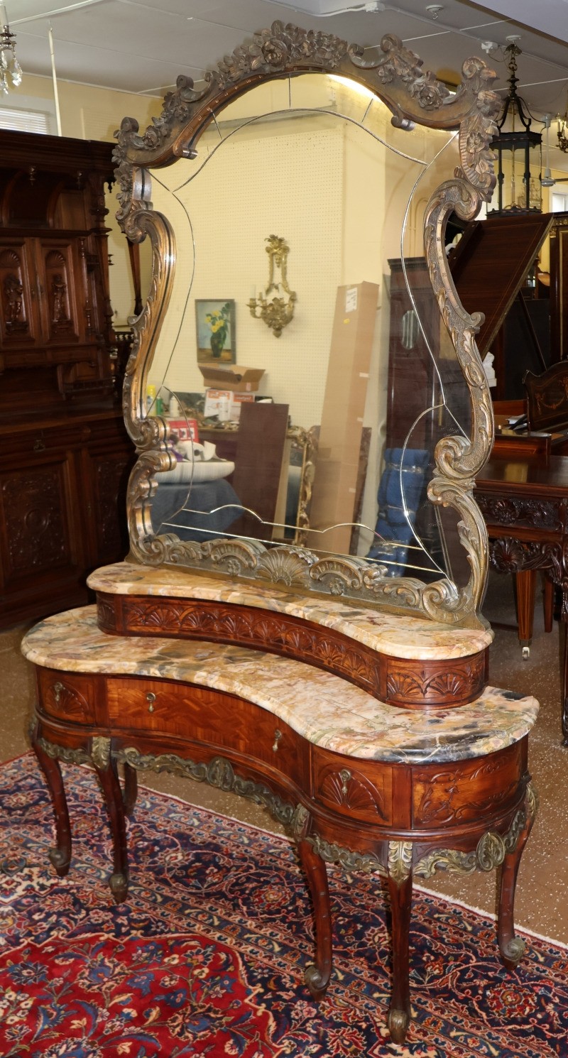 French Louis XV Style Inlaid Walnut Marble Top Etched Mirror Vanity Circa 1920's