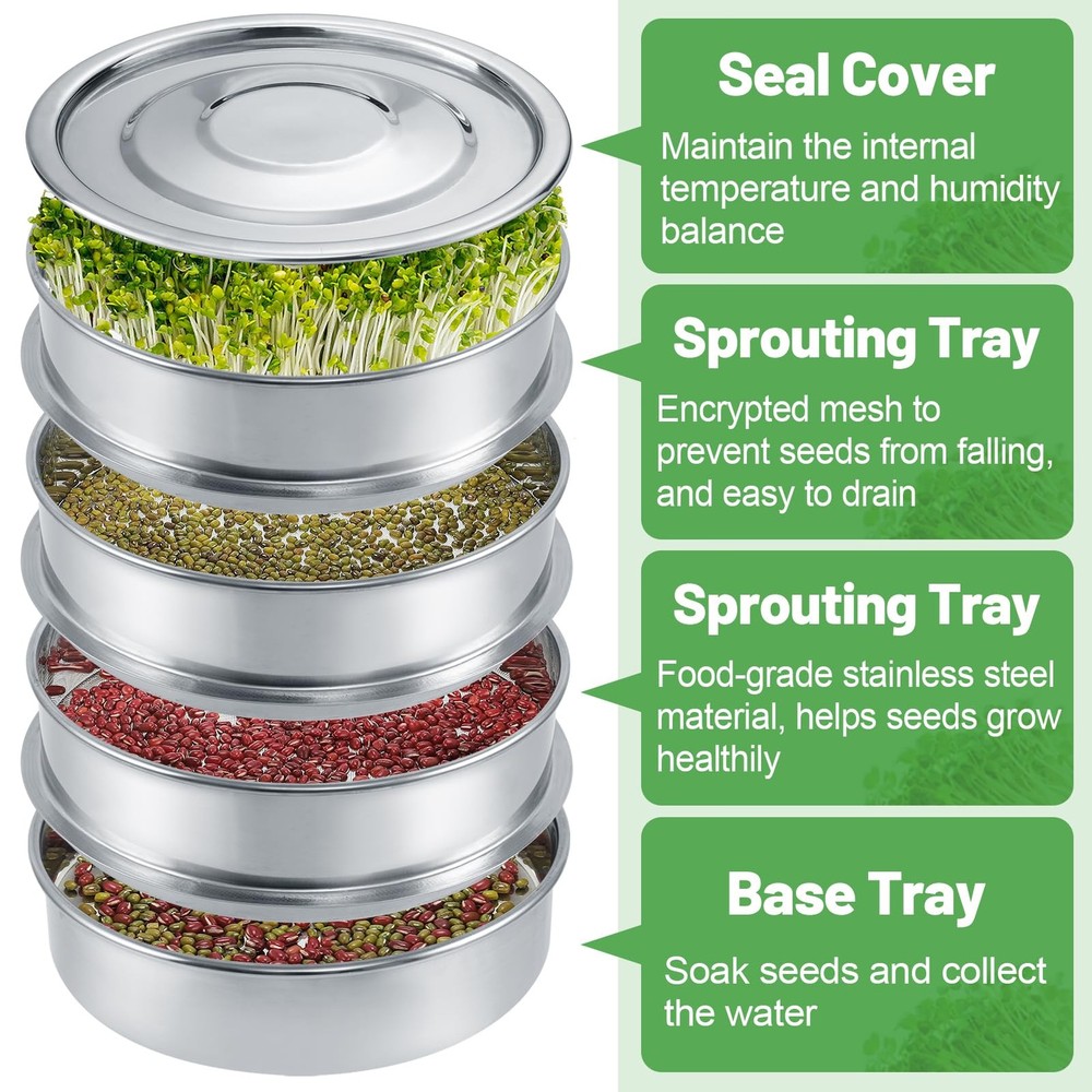 Stainless Steel 4 Tier Seed Sprouting Kit 6" Stackable Microgreens Tray