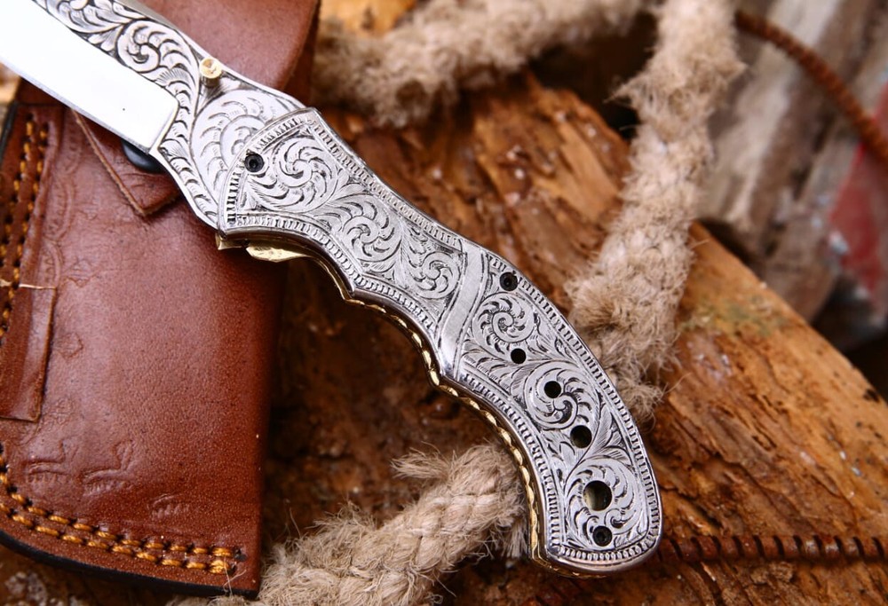 Custom Handmade D2 Steel Engraved Folding knife