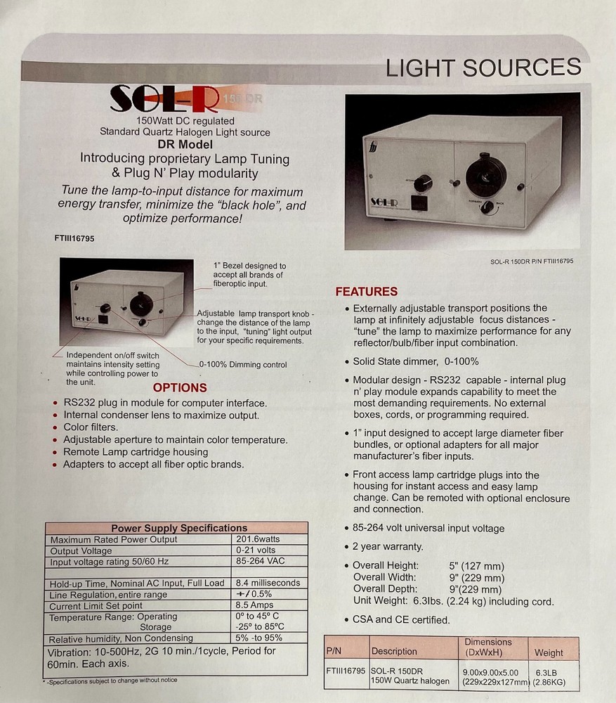 Fiberoptics Technology SOL-R 150 DR Light Source W/ Lamp EKE21V 150W