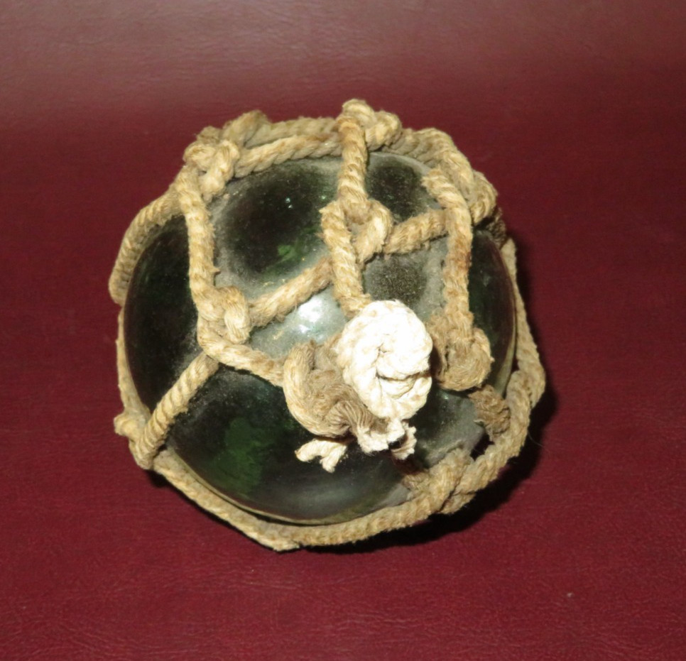 Antique 3" Japanese Rope-Wrapped Blue Hand-Blown Glass II Mark Fishing Net Float