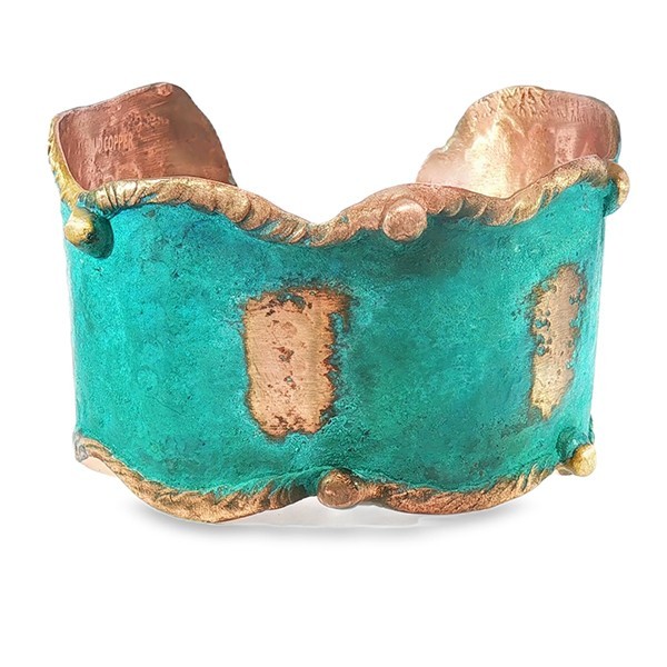 Solid Copper Rustic Patina Cuff Bracelet With Molten Edging & Verdigris Patina