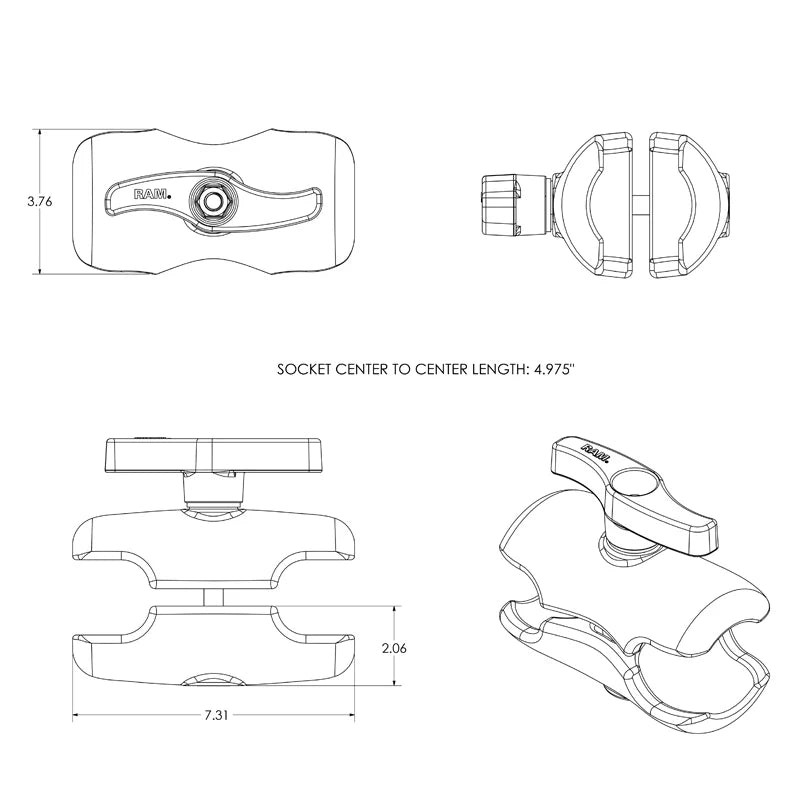RAM-E-201U-D XLARGE Double Socket Arm - XXL E Size Short (3.35-INCH SOCKETS)