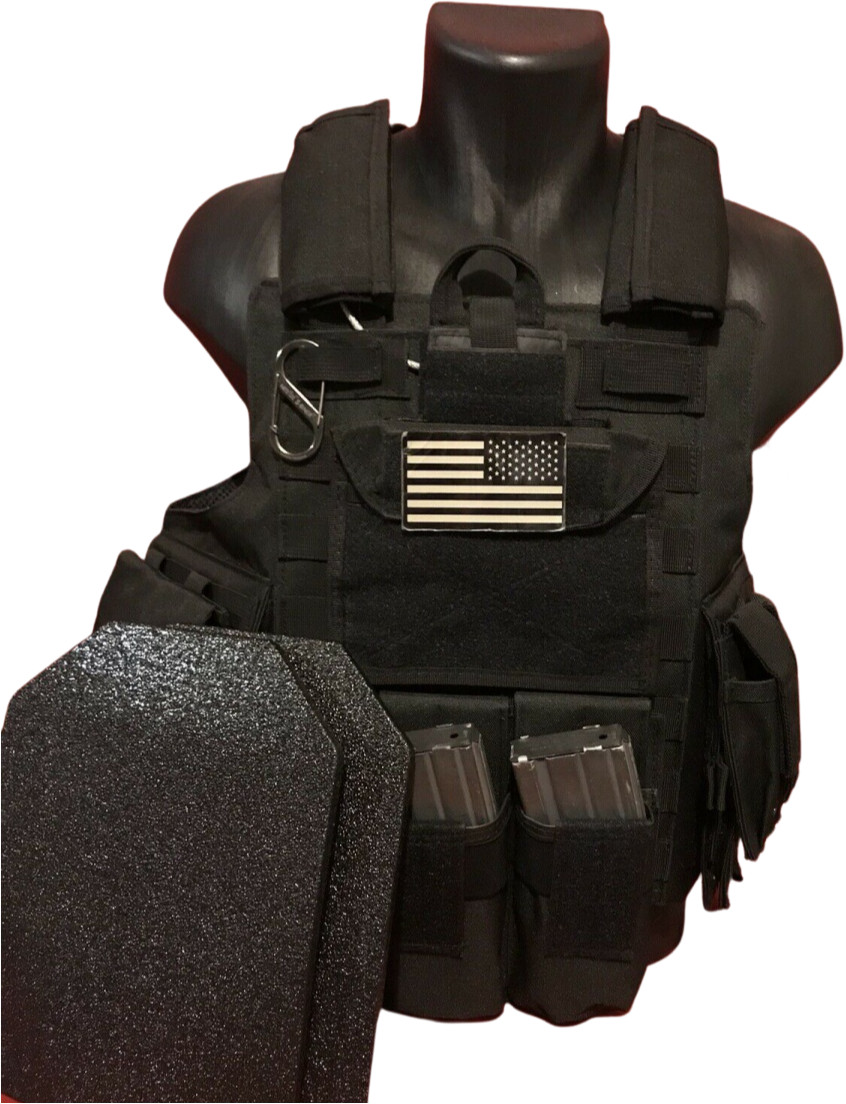 Black Tactical Vest Plate Carrier With Plates- 2 8x10 curved Plates