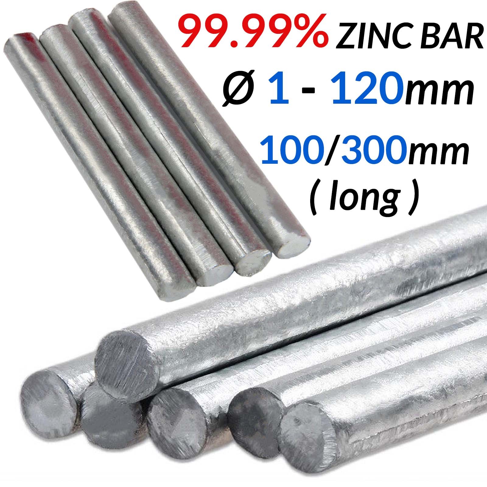 99.99% Zinc Rod High Purity Zn Ingot/Bar Anode Electroplating Ø1-120mm 100/300mm