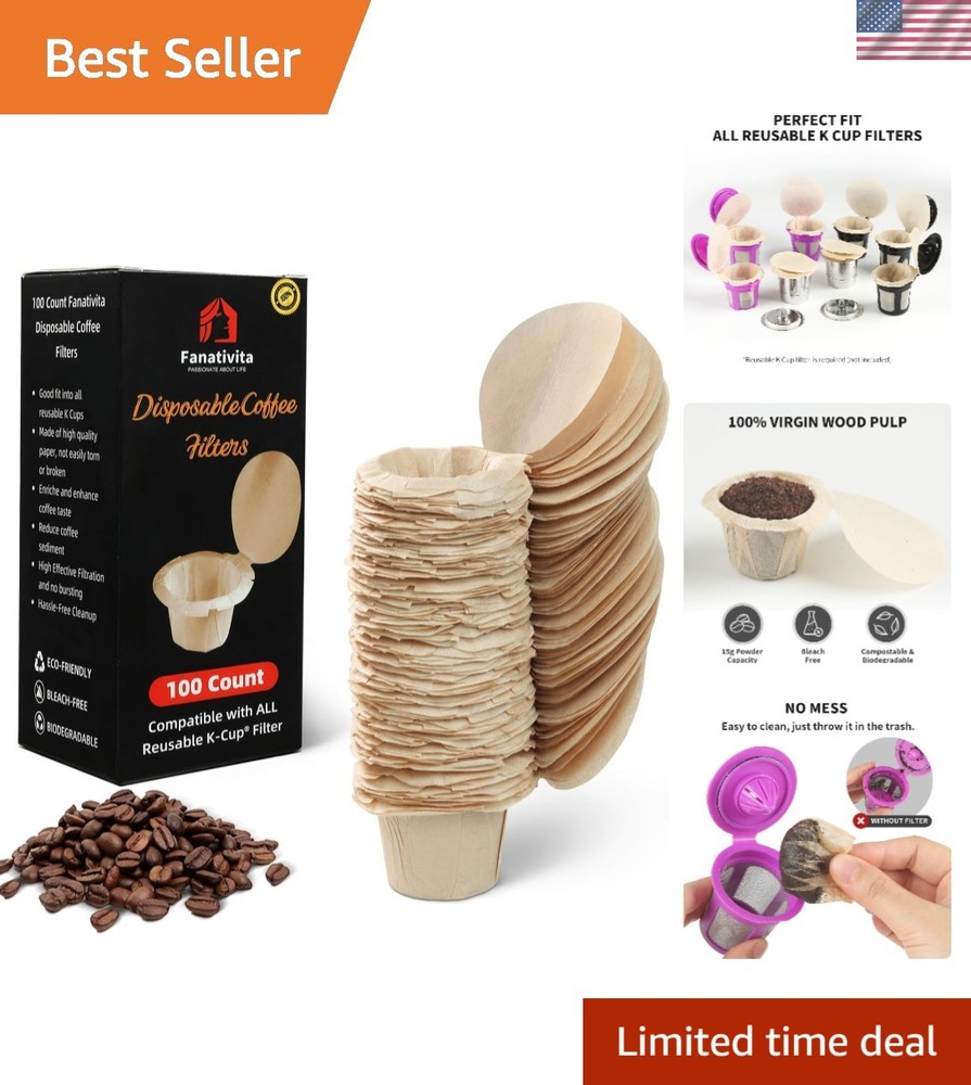 100 Count Disposable K Cup Filters with Genius Lid - Unbleached, Compostable,...