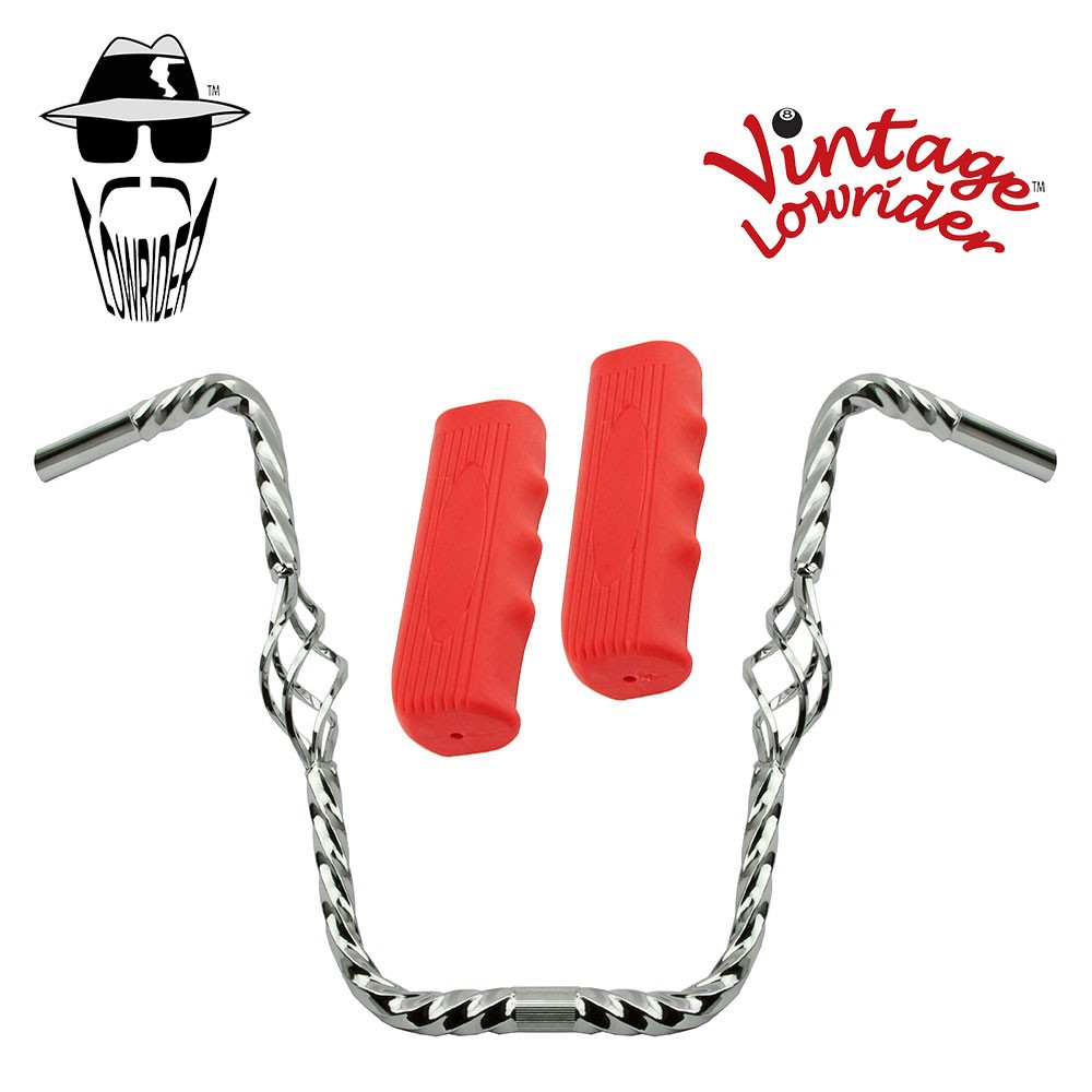 Lowrider Cage Twisted 16" 25.4 Handlebar Chrome Custom 120 Grips Solid/Red