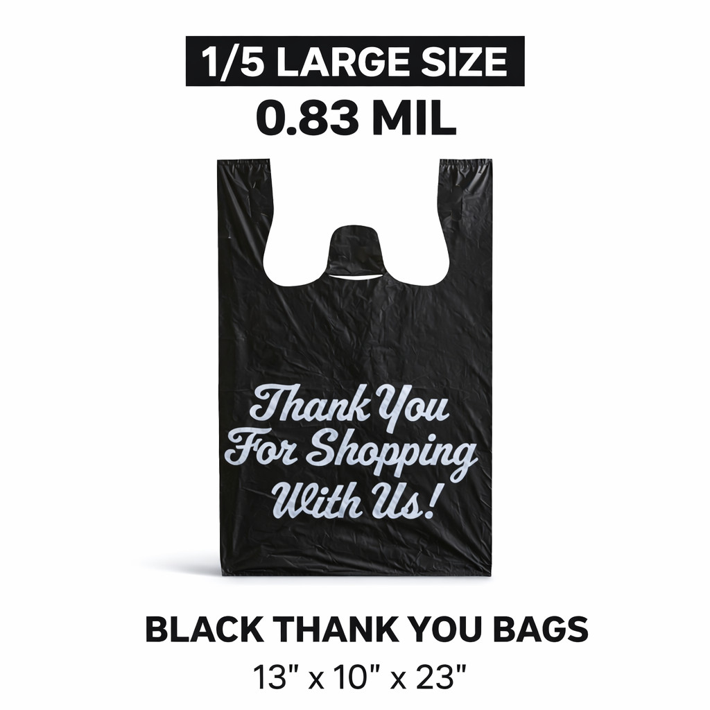 Large Size Black "Thank You" Heavy-Duty Plastic T-Shirt Bag 13"x23"x10" 0.83 Mil