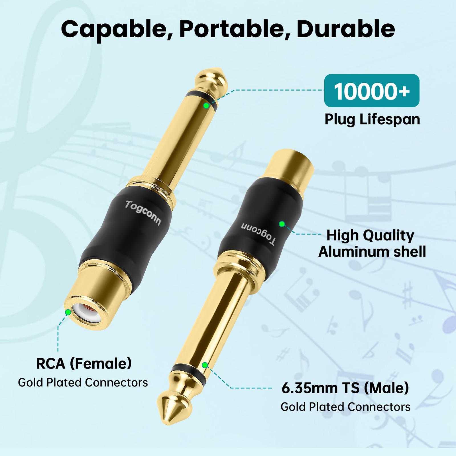 Togconn RCA to 1/4 Inch Adapter 2 2 Pack, (Female) 6.35mm TS (Male)