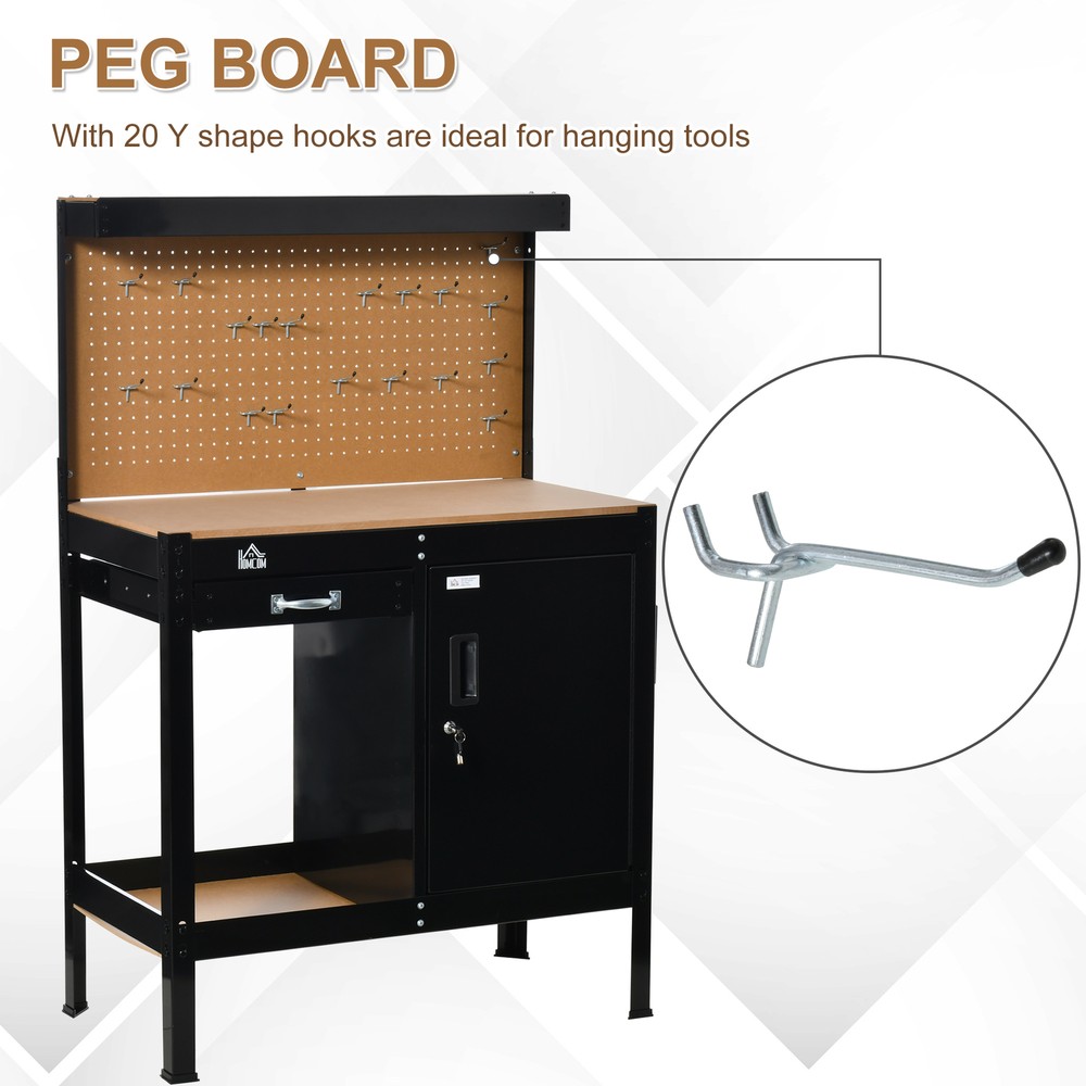 Work Table Garage Tool Stand w/ 20 Hook Peg Board, Tool Storage, 220lbs Capacity