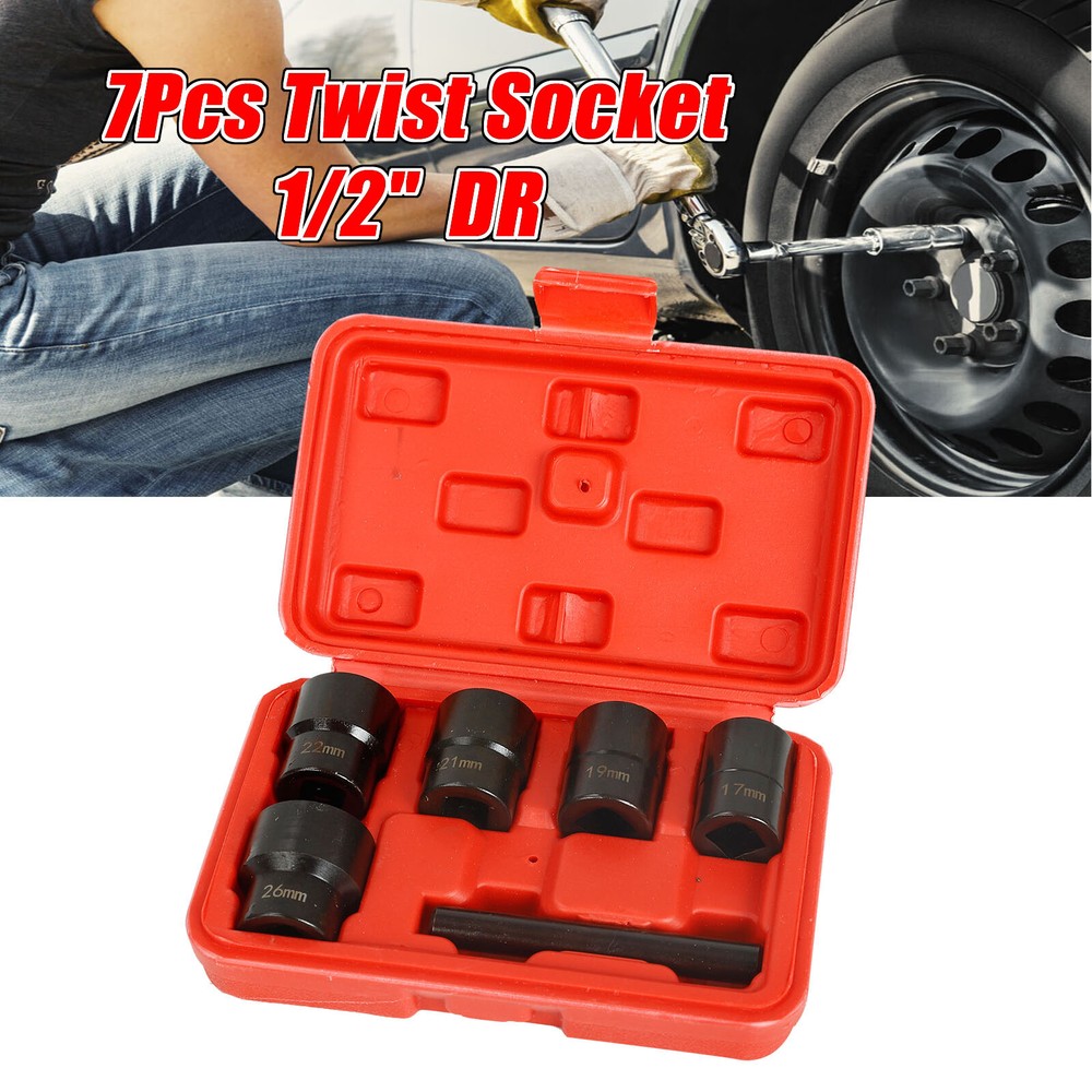 7Pcs 1/2" Twist Socket 5 Damaged Worn Lug Nut Lock Remover Bolt Extractor Set