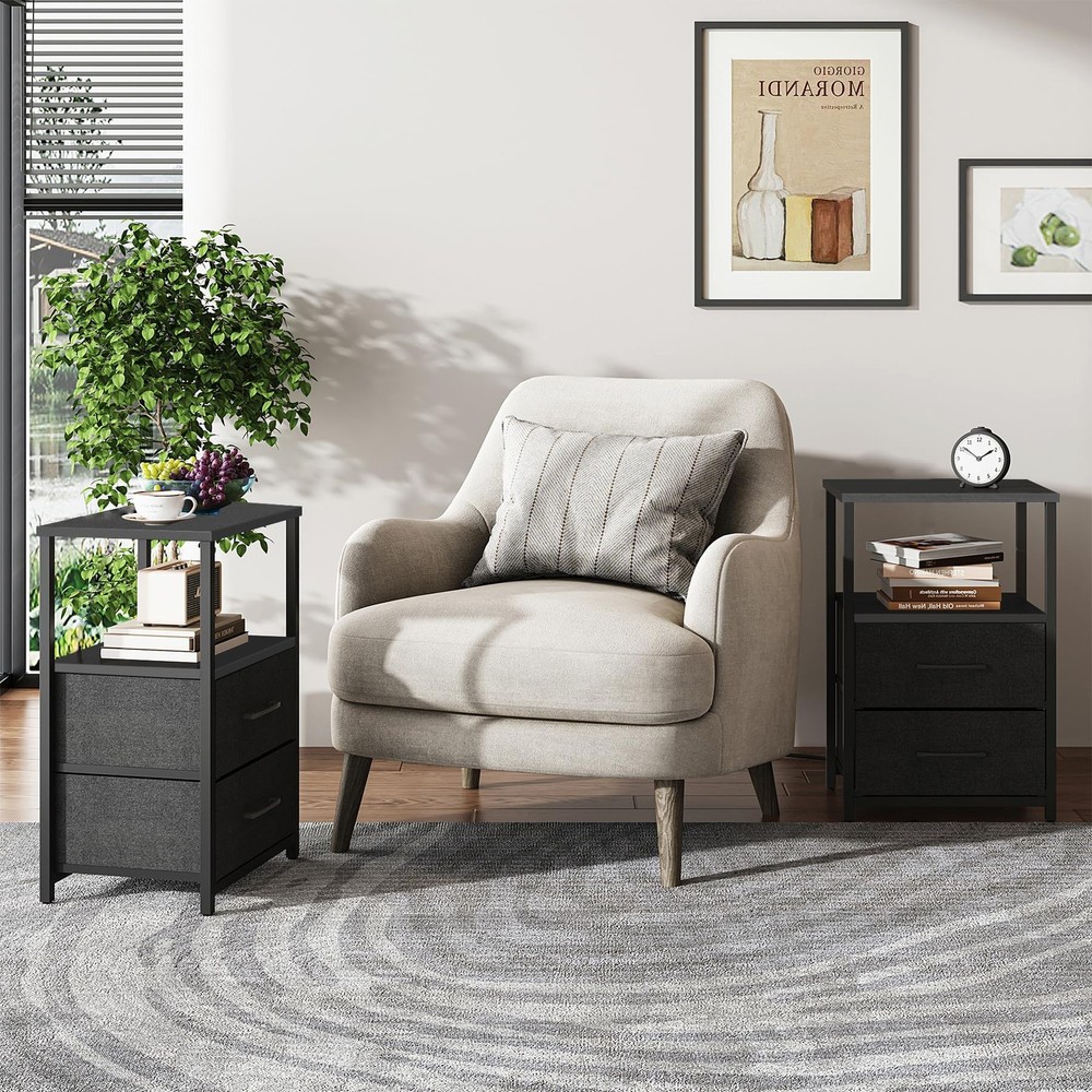 End Table, Night Stand, Side Table, Nightstand with Cloth Drawer, Bedside Tab...