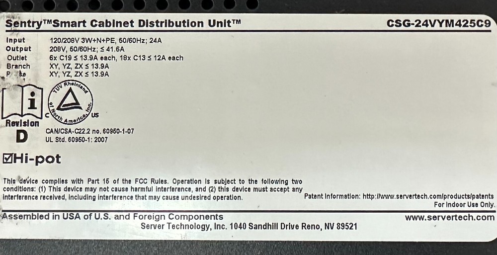 Server Technology Sentry Smart Cabinet Distribution Unit CSG-24VYM425C9 208V