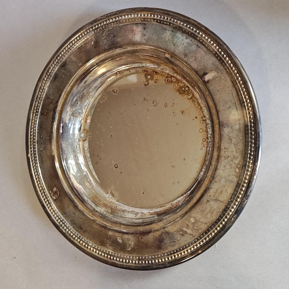 VTG Silverplate Trinket Tray Coaster Cork Insert Ornate Beaded Edge 6.5" Barware