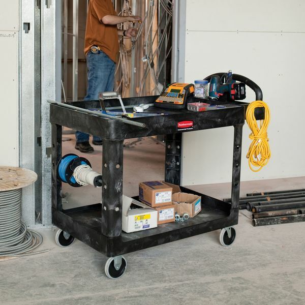 Rubbermaid Fg452088bla Plastic Utility Cart With Deep Lipped Plastic Shelves,