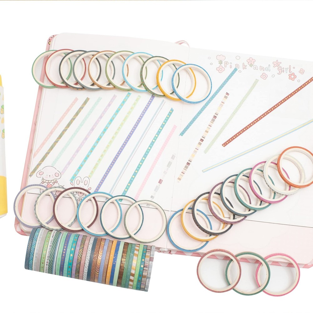 YUBBAEX 60 Rolls Skinny Washi Tape Set Gold Foil Masking Thin Basic Patterns ...