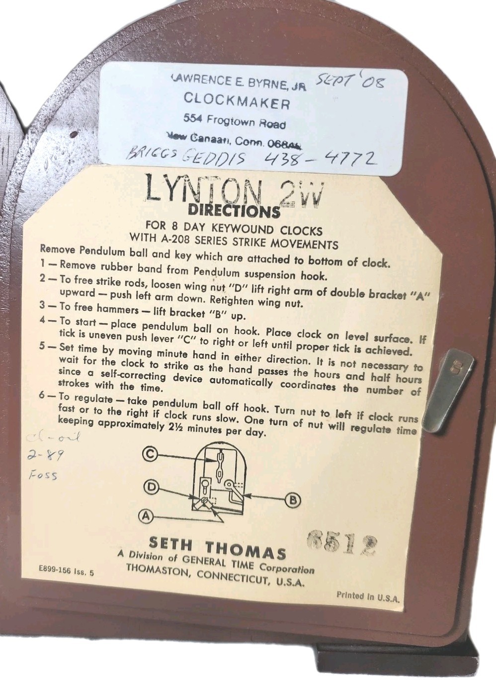 Seth Thomas Lynton 2W 8 Day Mantel Clock Triple Hammer Strike A‑208 Series