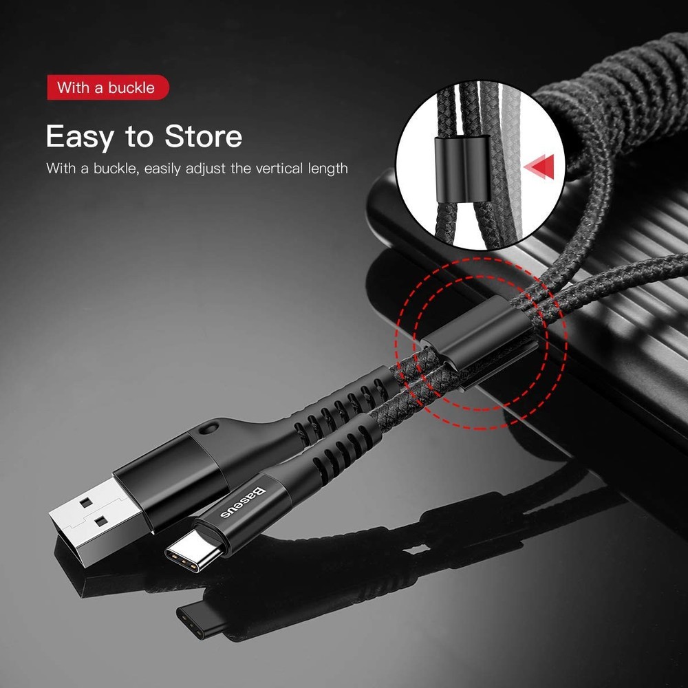 Baseus USB Type C Cable for Car, Retractable Cable(3FT) Curly 3.3ft, Black