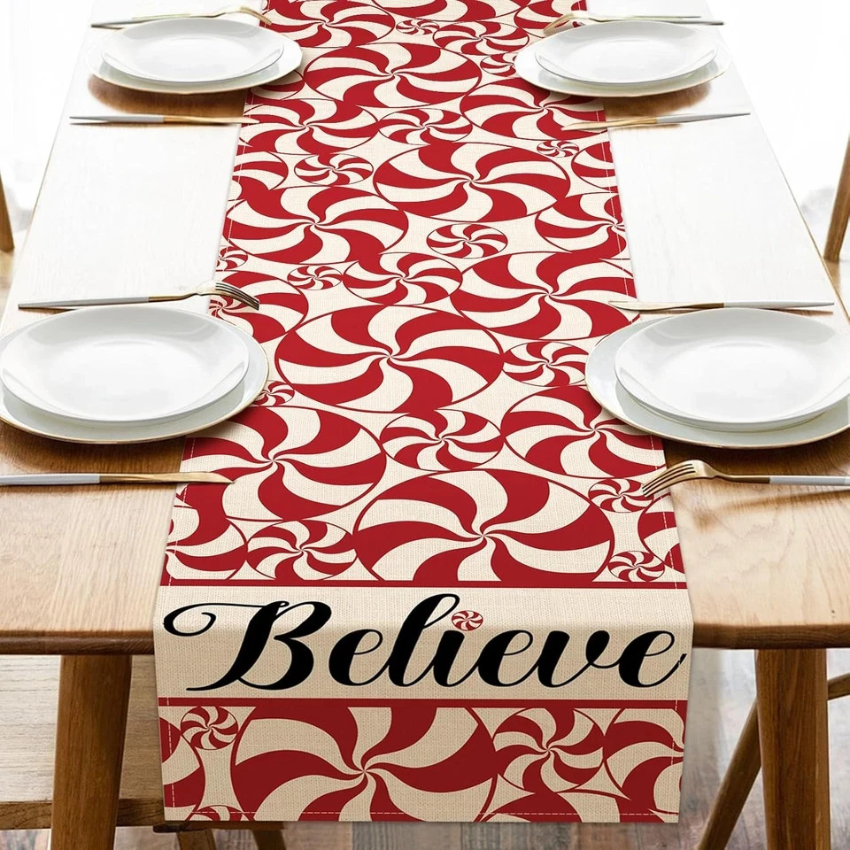 Christmas Peppermint Candy Table Runner, Red Xmas Believe Kitchen Dining Table