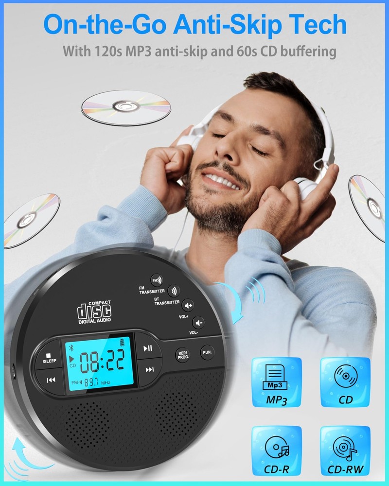 Portable CD Player with Bluetooth, Walkman CD Player with FM Transmitter and Spe