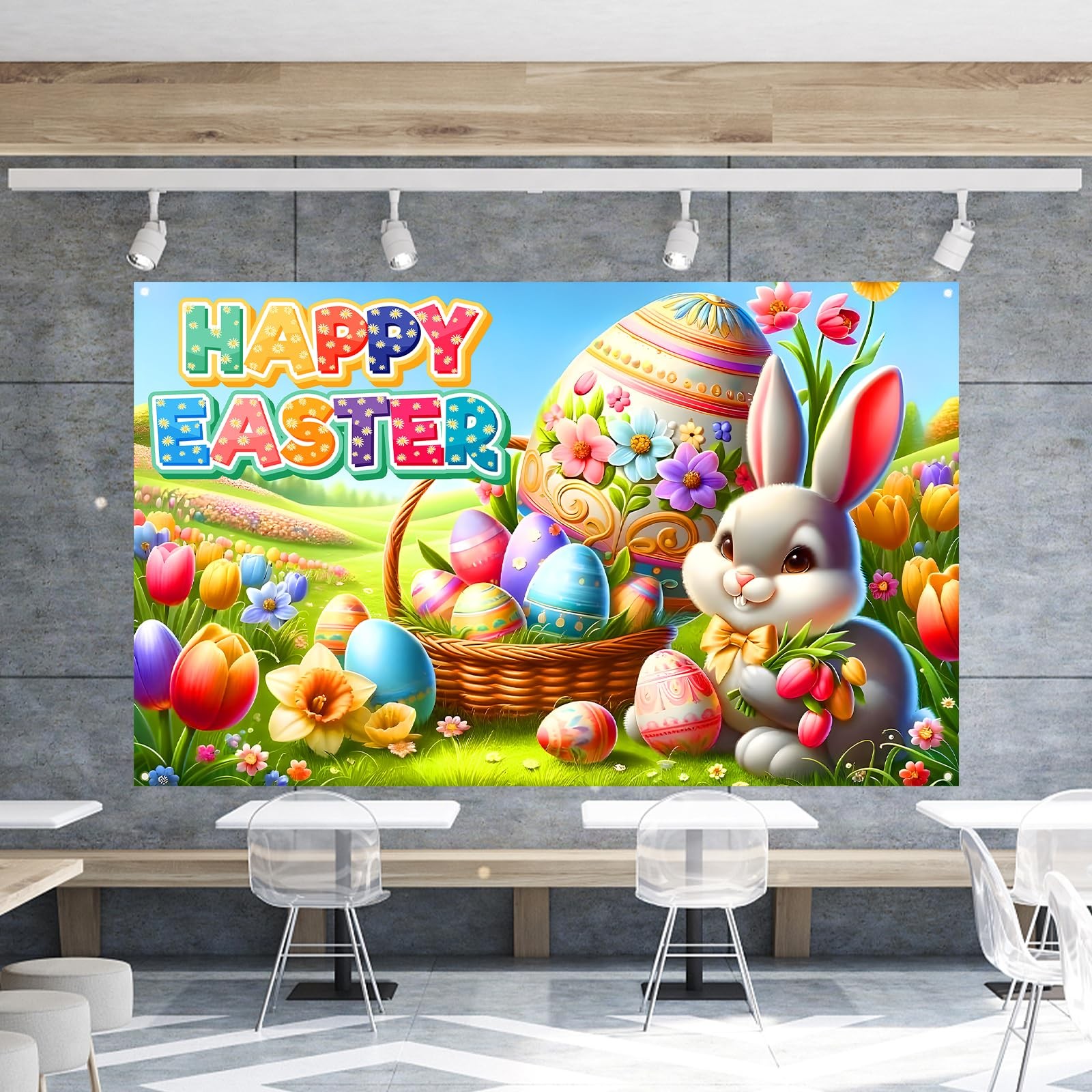 Happy Easter Photo Backdrop Bunny Rabbit 71 inches x 43 inches, Multicolor