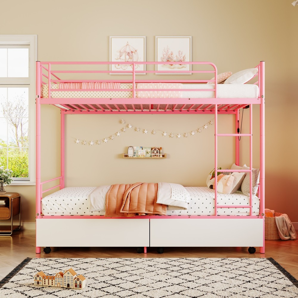 Bunk Bed with USB Charging Station, Able to Split, Metal Bunk Bed, Storage Space