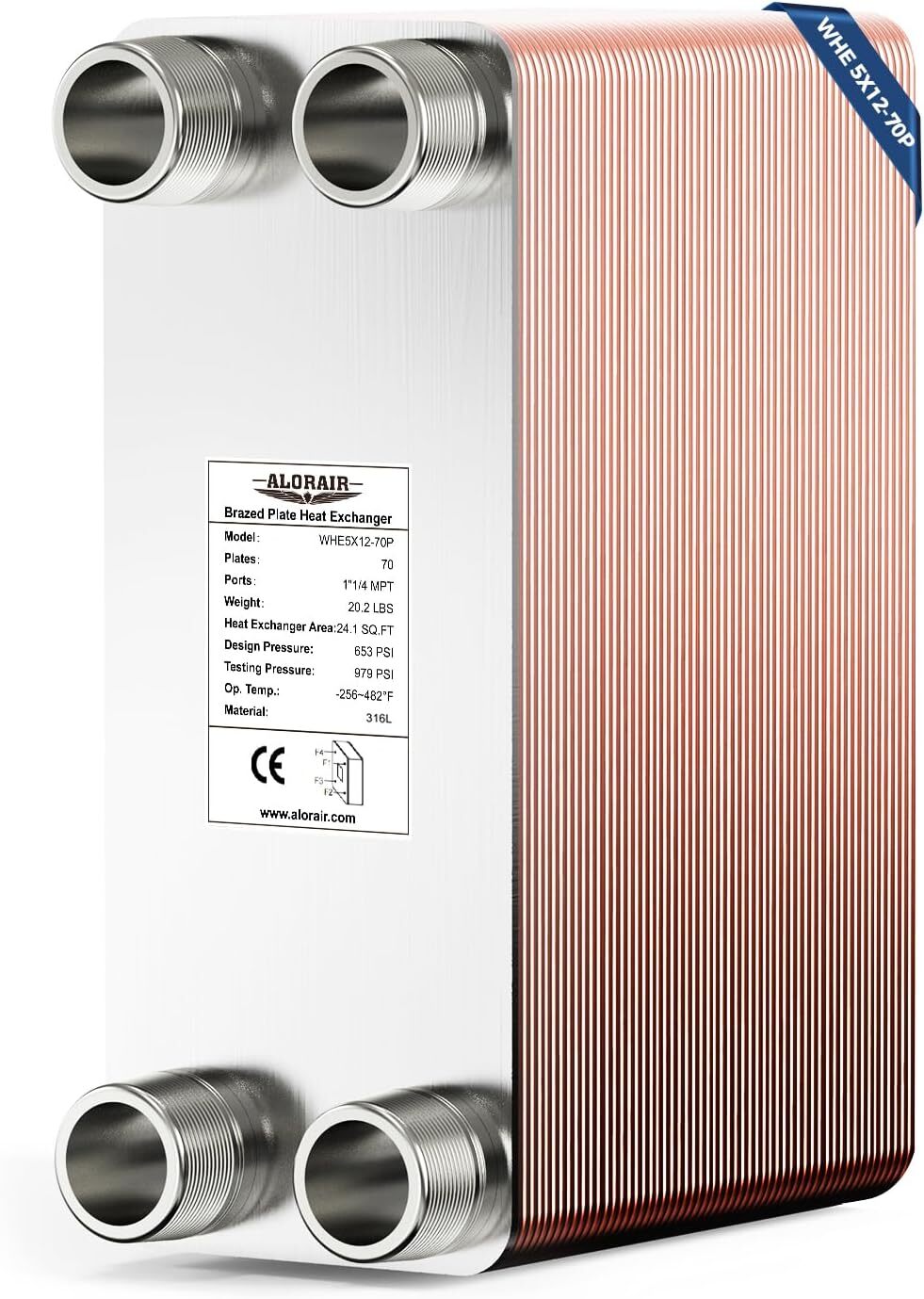 ALORAIR 70 Plates Heat Exchanger with 1-1/4" MPT Port 5"x12" for Floor Heating