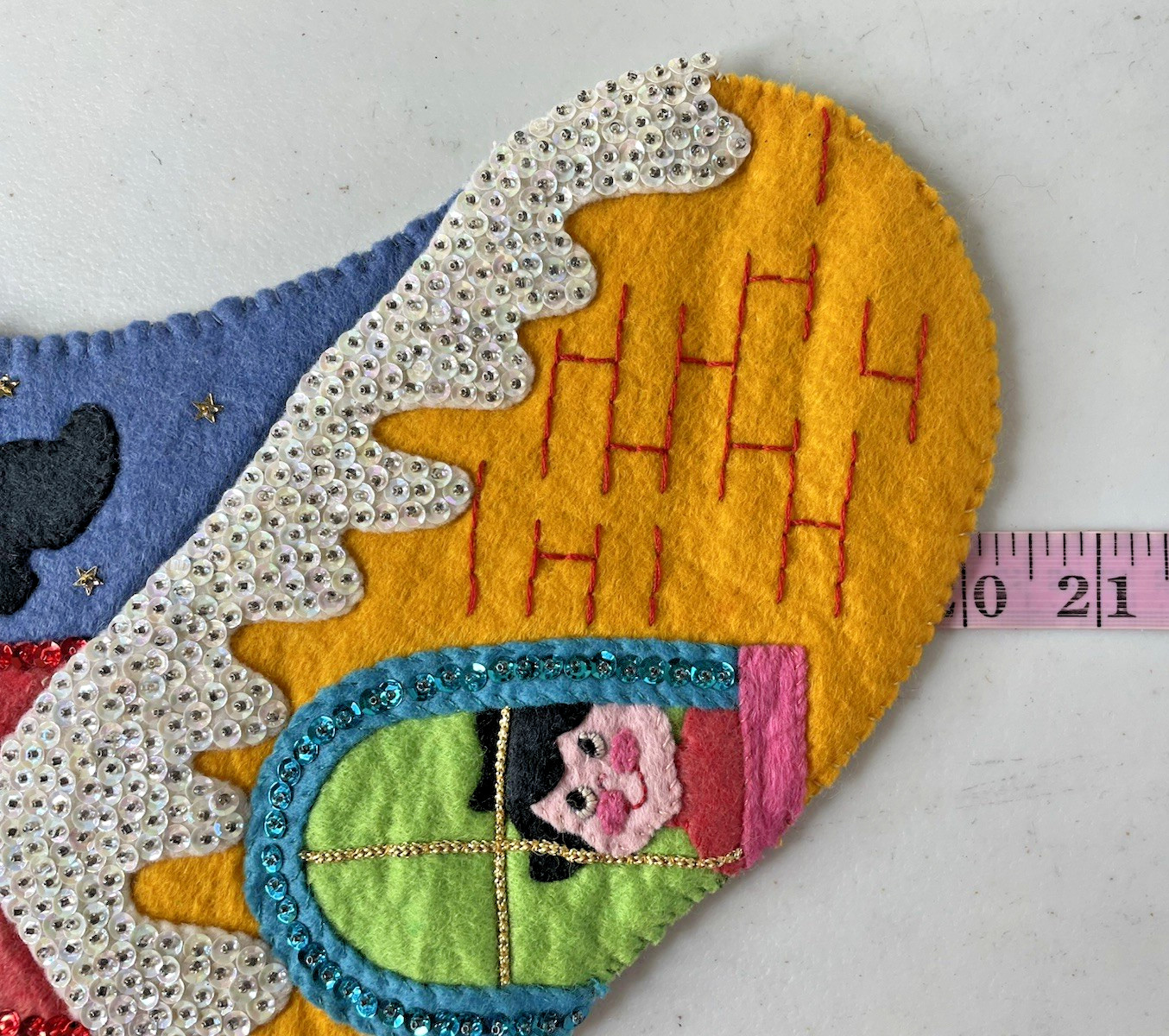 Vintage Name Rachel 3D Santa Claus Trumpet Music Bear Beaded Christmas Stocking