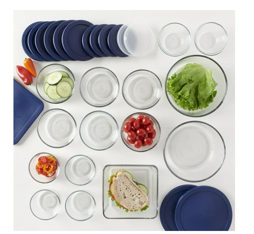 Anchor Hocking Clear Glass Food Storage Containers 30 Pieces Set with Navy Lids